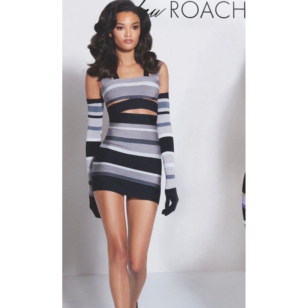 HERVE LEGER X LAW ROACH Long Gloves Women OS Black Gray Stripe Knit Opera Length